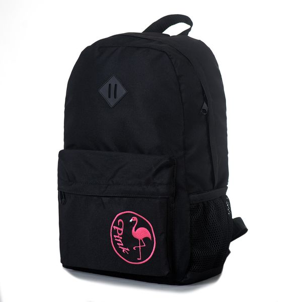 Городской повседневный женский рюкзак черного цвета с розовой надписью и фламинго 300fl МВ300fl фото