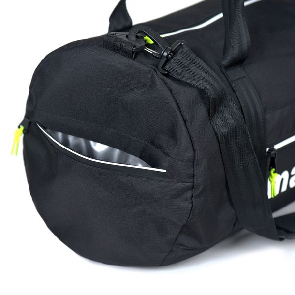 Однотонна сумка чорного кольору з білим написом у спортивному стилі на тренування та подорожі середня 88/360/02 фото