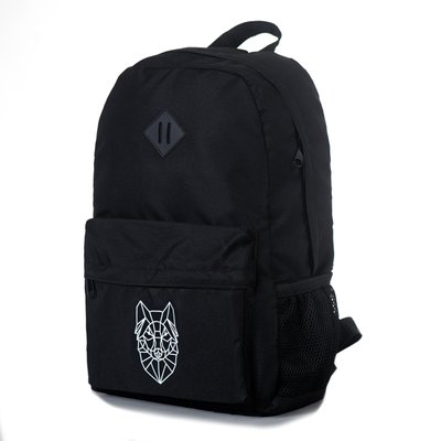 Городской повседневный вместительный черный рюкзак из прочной ткани с белым рисунком волка средний 3002 МВ3002 фото