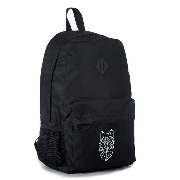 Городской повседневный вместительный черный рюкзак из прочной ткани с белым рисунком волка средний 3002 МВ3002 фото
