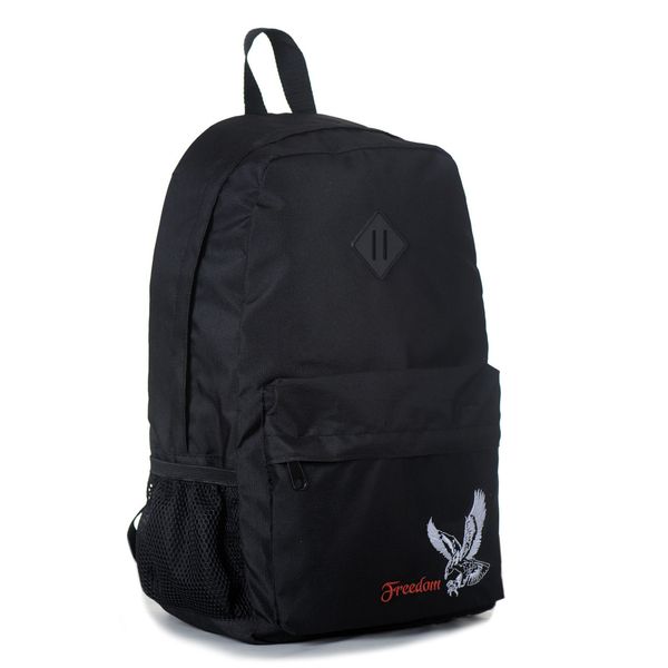 Стильний однотонний чорний чоловічий рюкзак із міцної тканини та спинкою сіткою з модним малюнком вишивкою орла МВ00272 фото