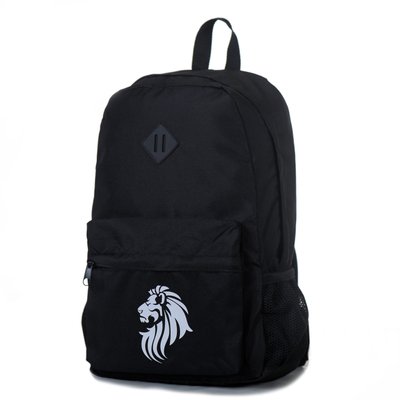 Однотонний міцний тканинний рюкзак чорного кольору з білим малюнком лева з бічними кишенями. МВ3006L фото